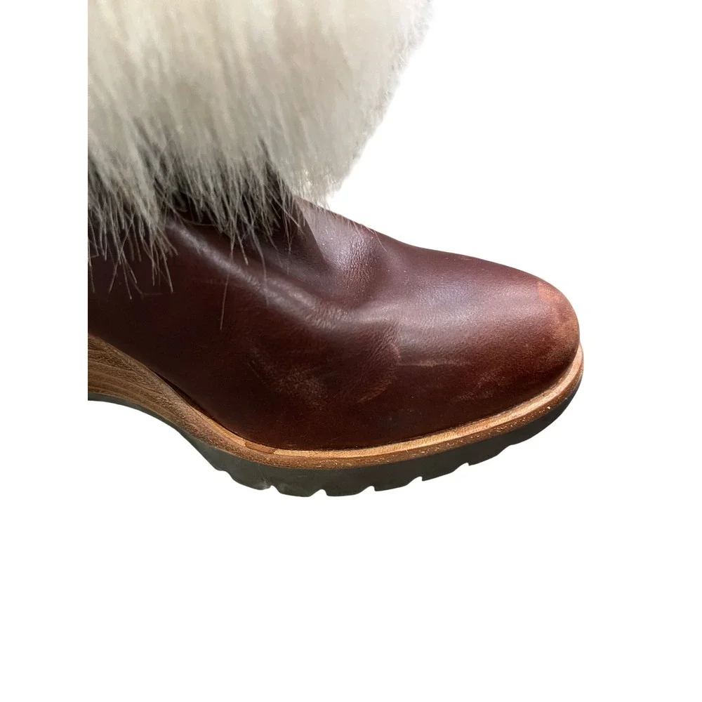Sorel Faux Fur Trim Brown Leather Wedge Winter Boots Lug Mid Calf Womens‎ 6.5